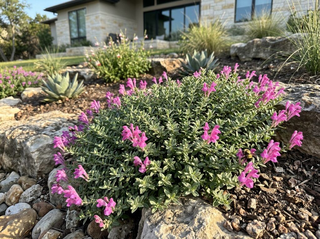 Pink Skullcap perennial in bloom with pink flowers and green foliage in a nursery container.