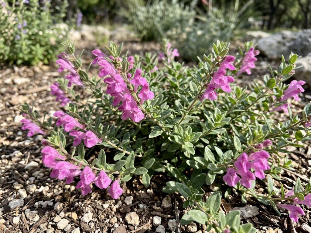 Pink Skullcap perennial with pink blooms and green foliage in a nursery container.