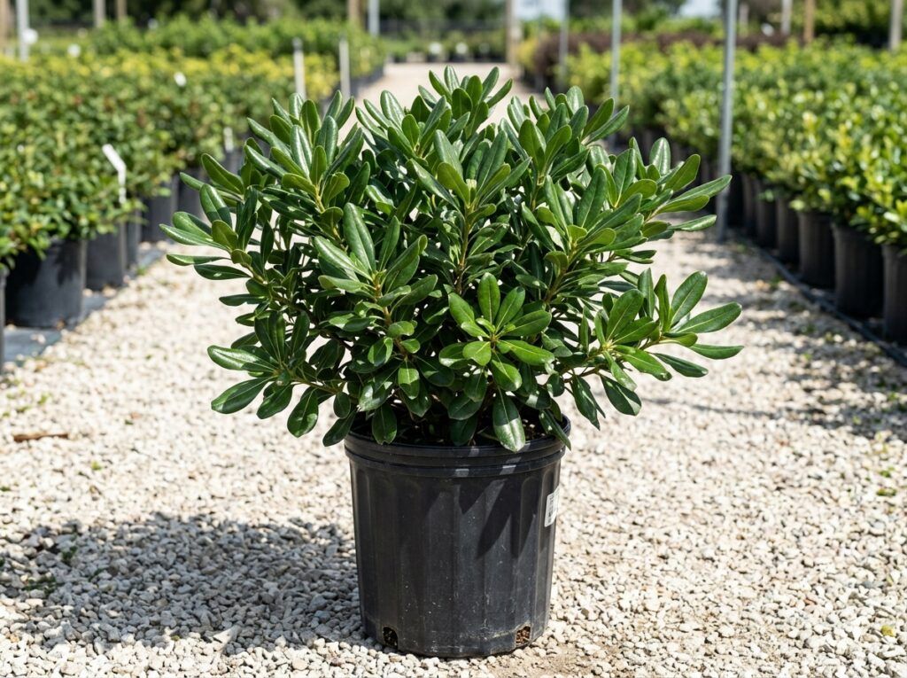 Pittosporum shrub in a black nursery pot with dense, glossy green foliage.