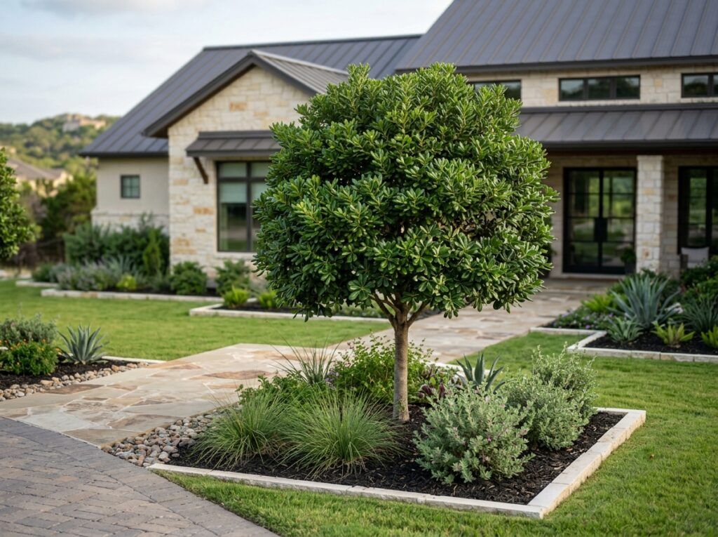 Pittosporum shrub in a nursery container with dense, rounded growth and glossy green leaves.