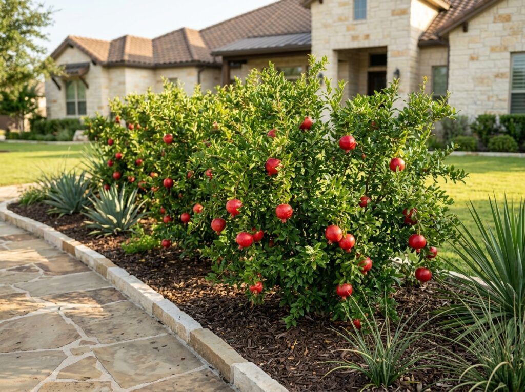 Pomegranate tree branch with glossy green leaves and a ripe red pomegranate fruit.