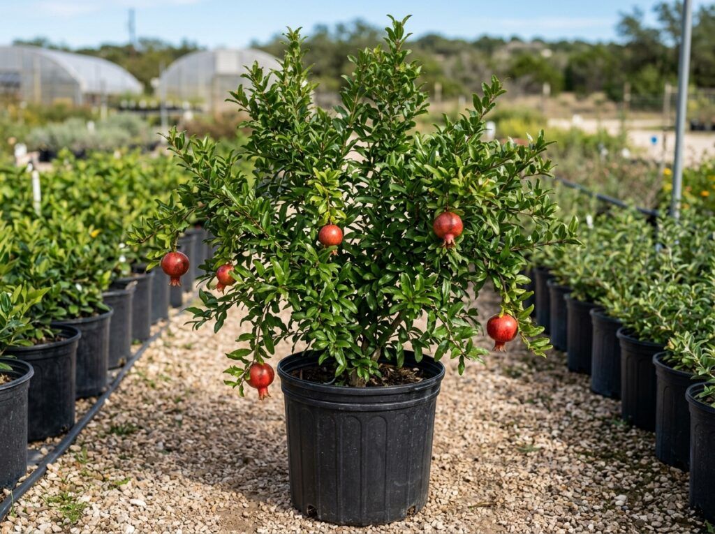 Pomegranate tree with glossy green foliage and ripening red fruit hanging from the branches.