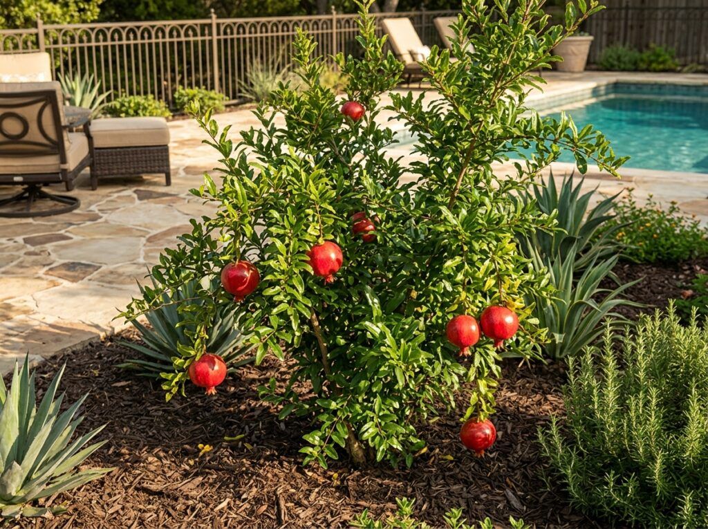 Pomegranate tree with glossy green leaves and red fruit growing in a black nursery pot.