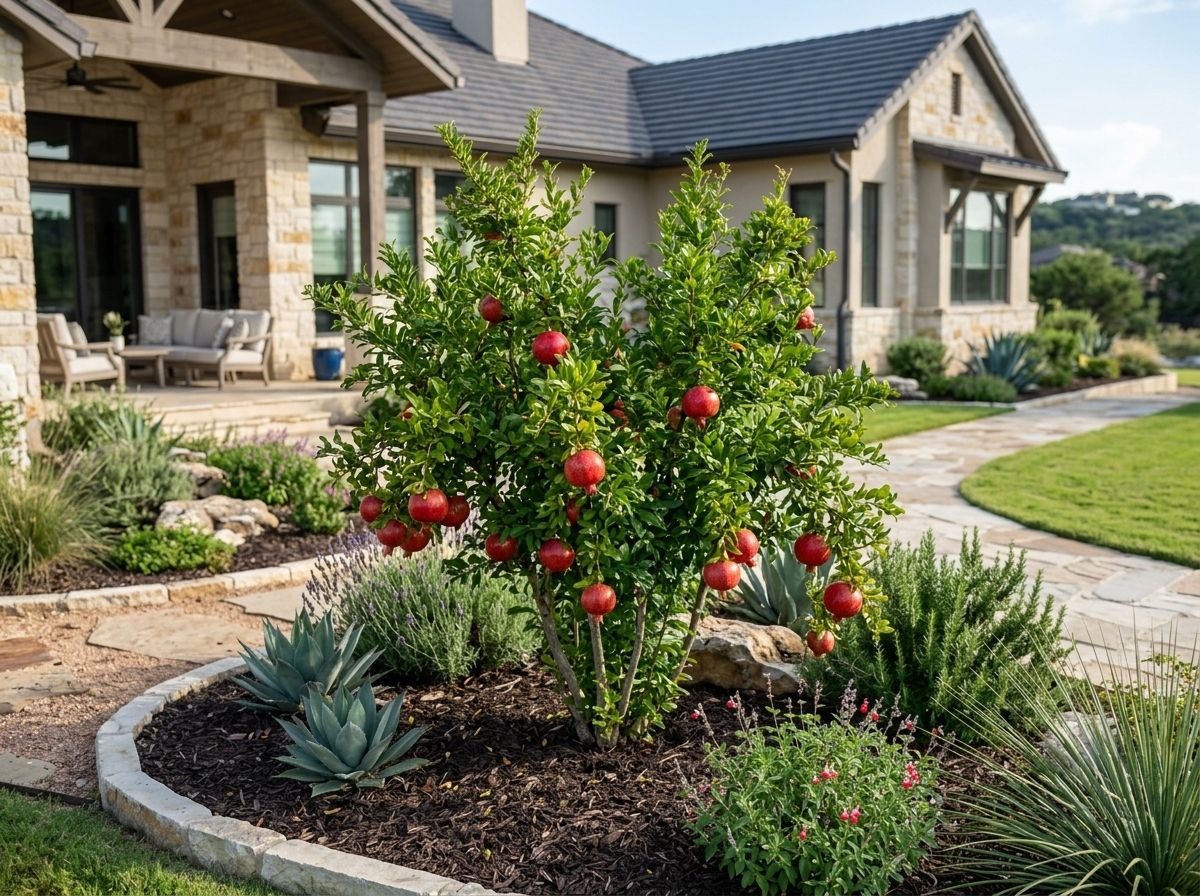 Pomegranate tree with glossy green leaves and red fruit growing in a garden setting.