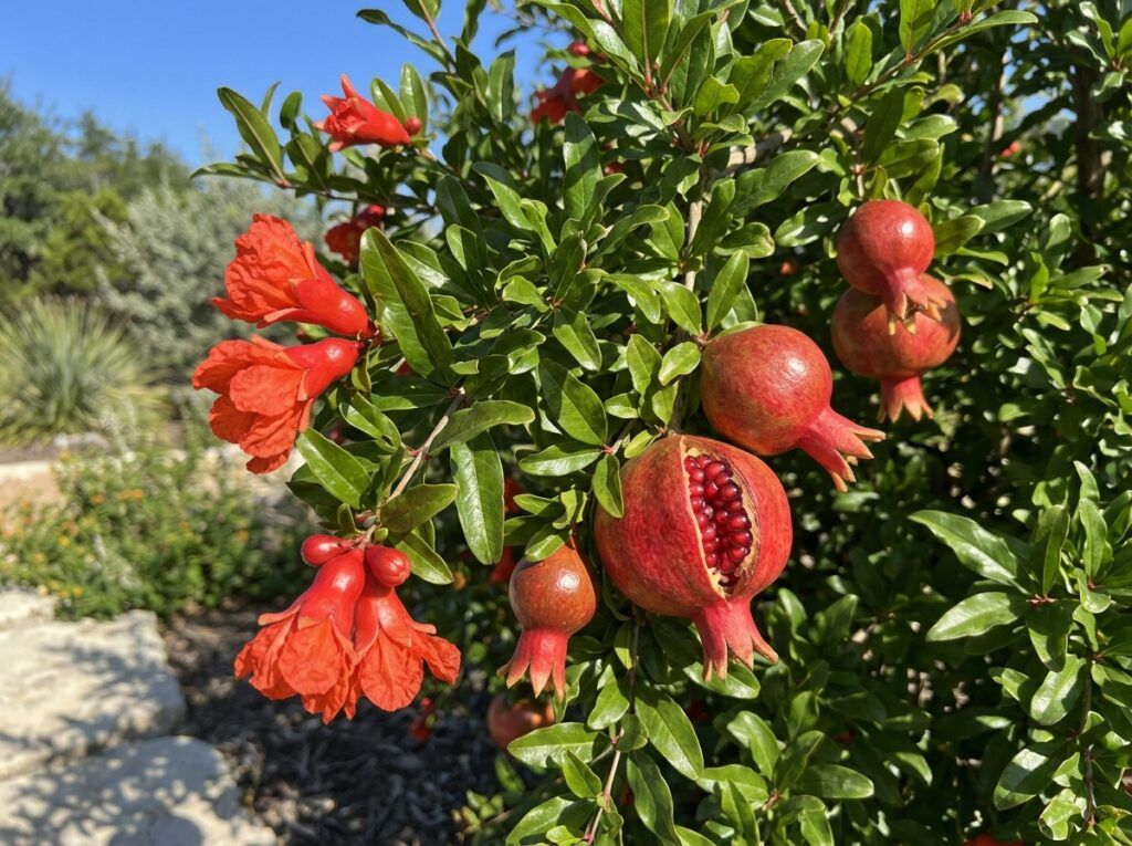 Pomegranate Tree in a nursery container with green foliage and several red fruits.