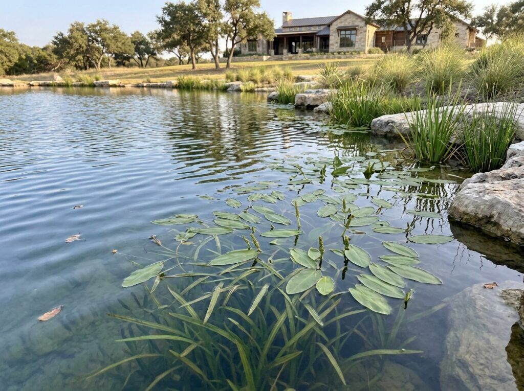 Pondweed aquatic plant with bright green submerged leaves floating in clear water.