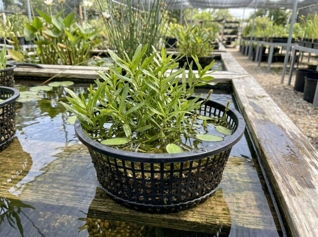 Pondweed aquatic plant with slender green stems and leaves floating near the water surface.