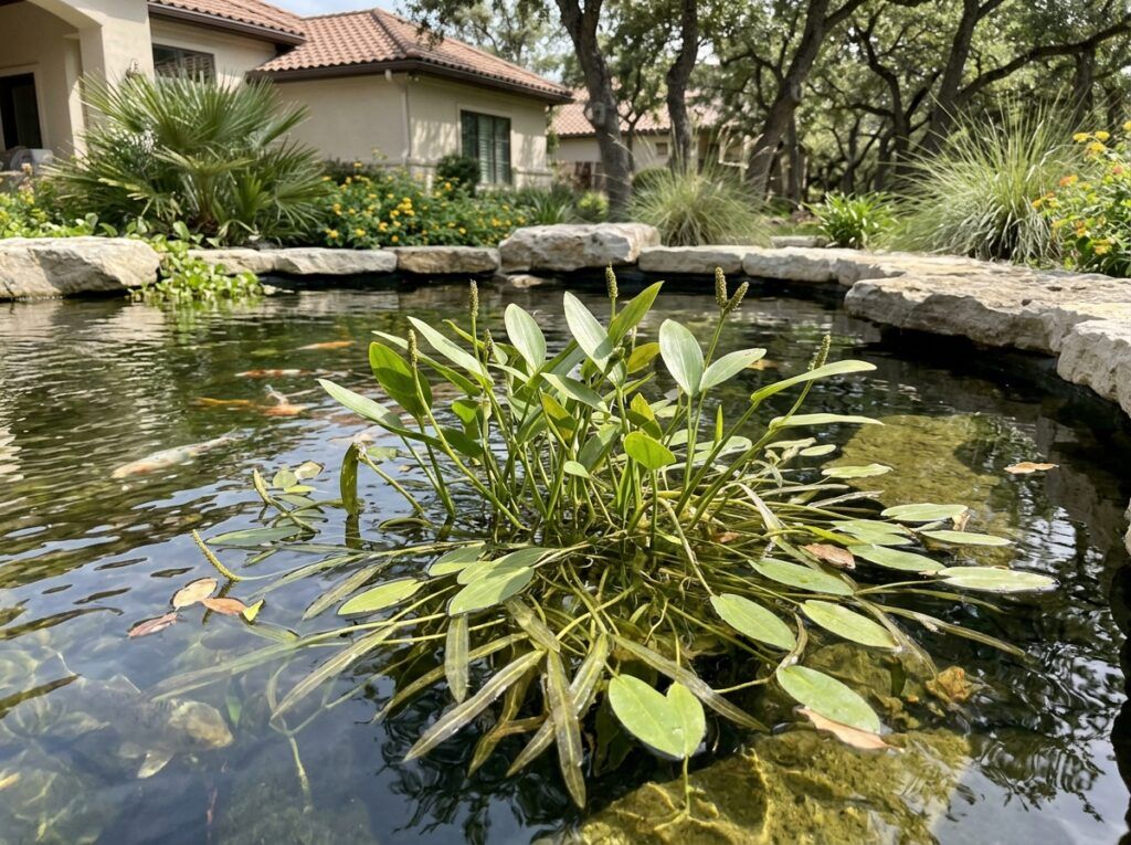 Pondweed aquatic plant with slender green leaves floating in clear water.