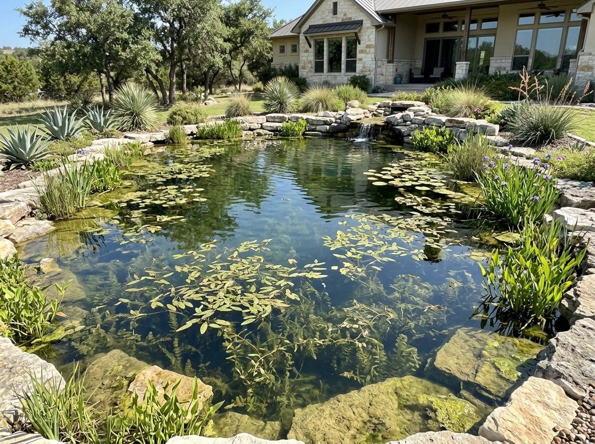 Pondweed aquatic plant with slender green leaves floating and submerged in clear pond water.