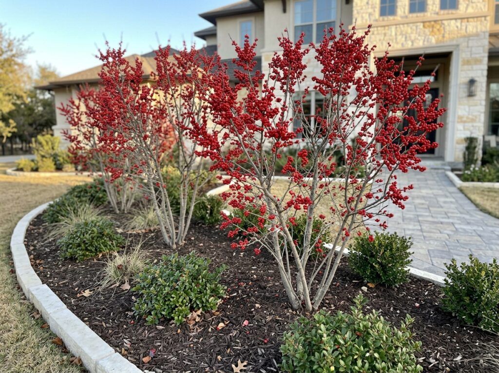 Possumhaw Holly shrub in a black nursery pot, showing upright stems with dense green foliage.
