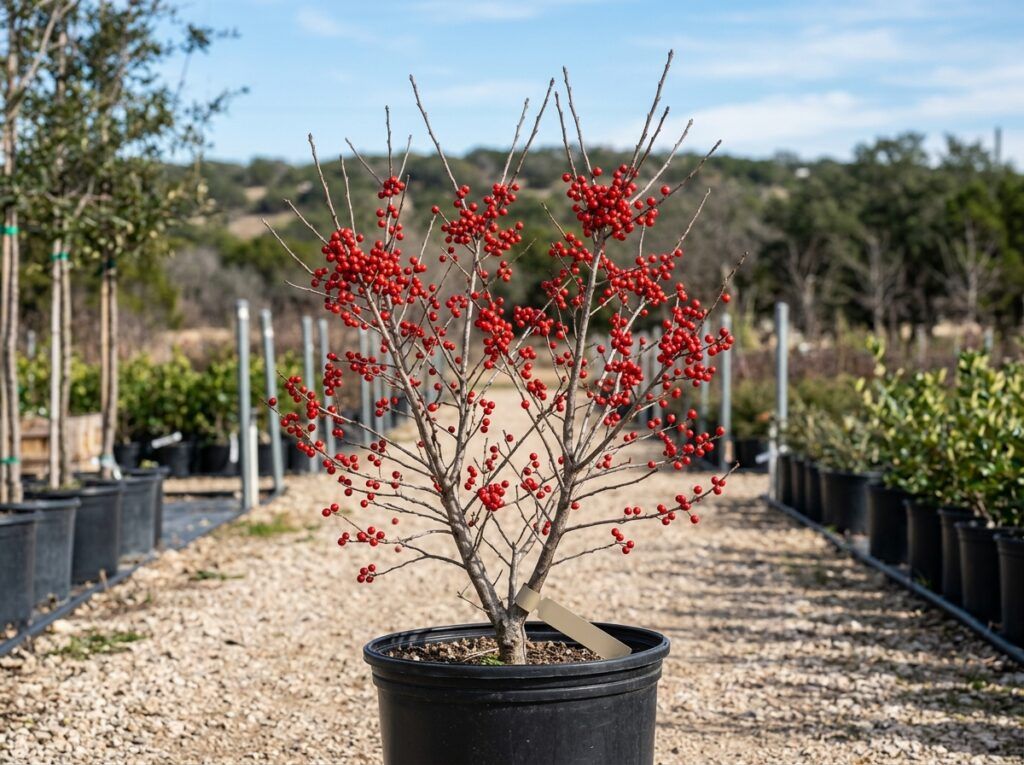 Possumhaw Holly shrub with glossy green leaves and clusters of red berries in a nursery container.