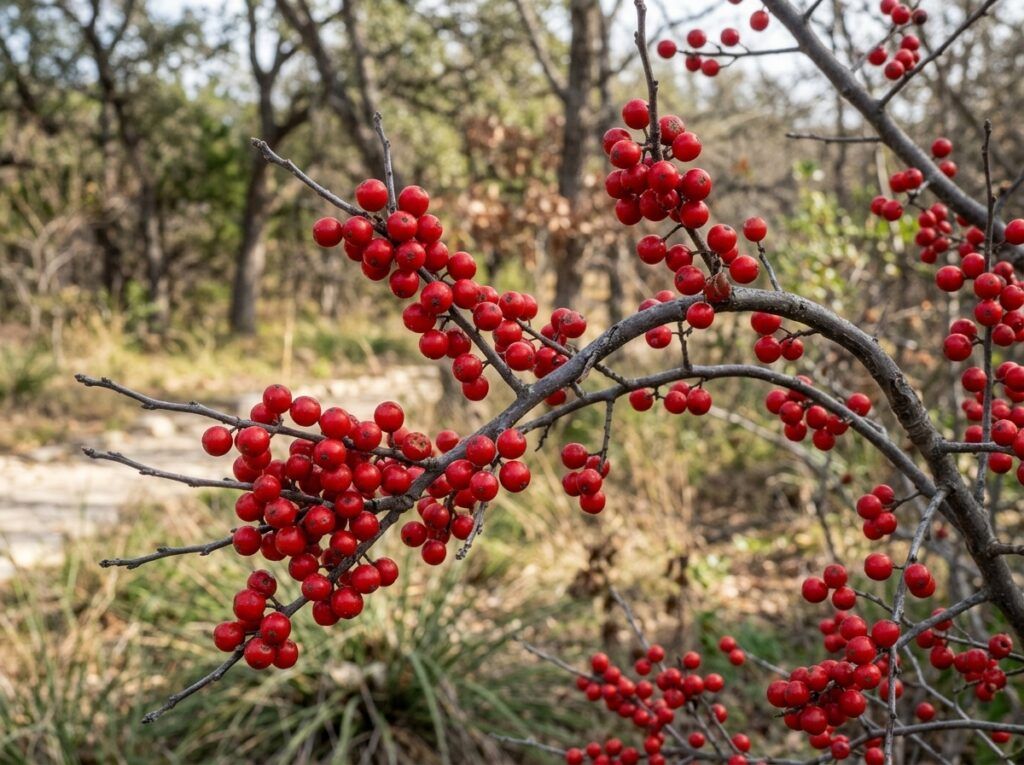 Possumhaw Holly shrub in nursery container with green leaves and clusters of bright red berries.