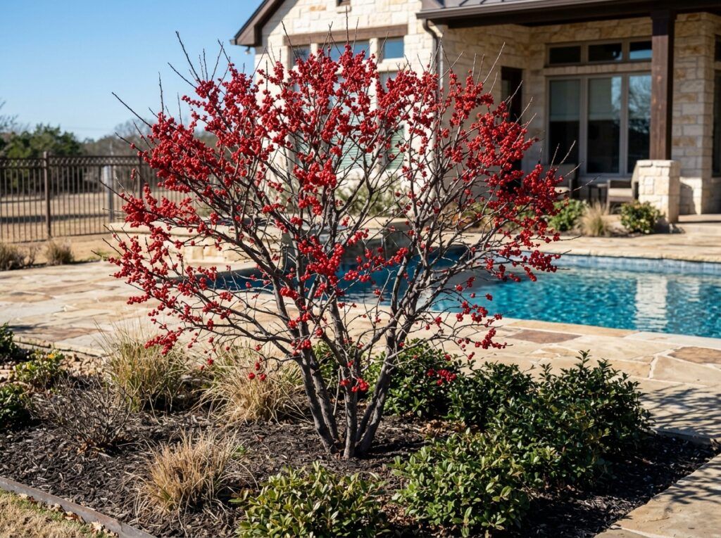 Possumhaw Holly shrub in nursery pot with glossy green leaves and clusters of red berries.
