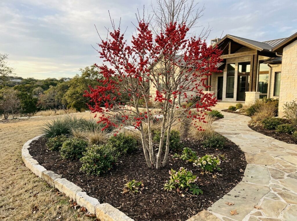 Possumhaw Holly shrub with clusters of red berries on bare branches against green foliage.