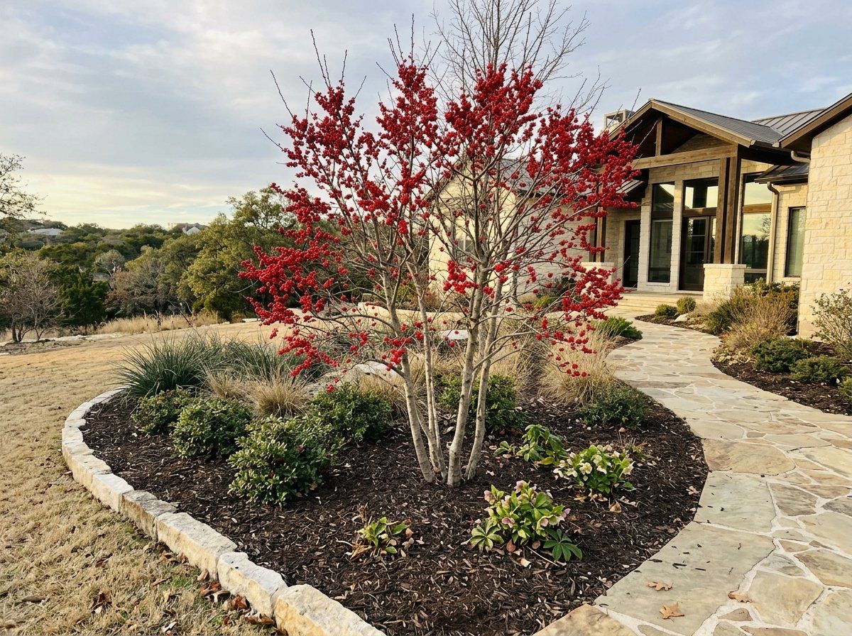 Possumhaw Holly shrub with clusters of red berries on bare branches against green foliage.