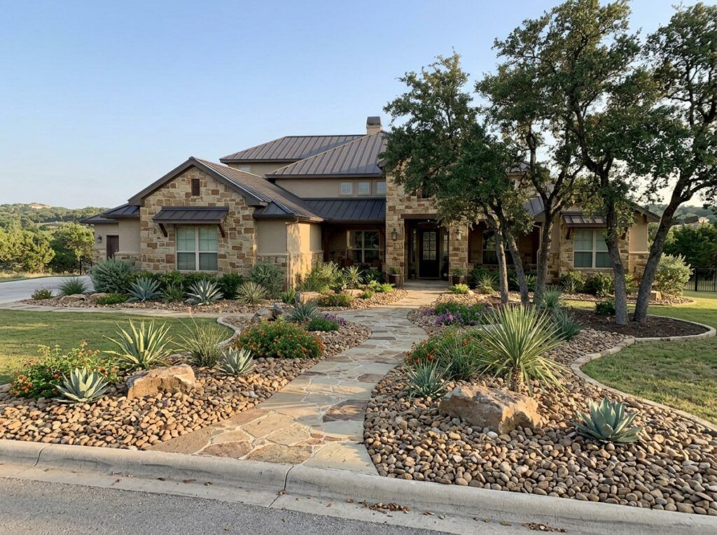 Post Oak River Rock ground cover spread in a landscape bed, showing smooth tan and gray stones around plants.