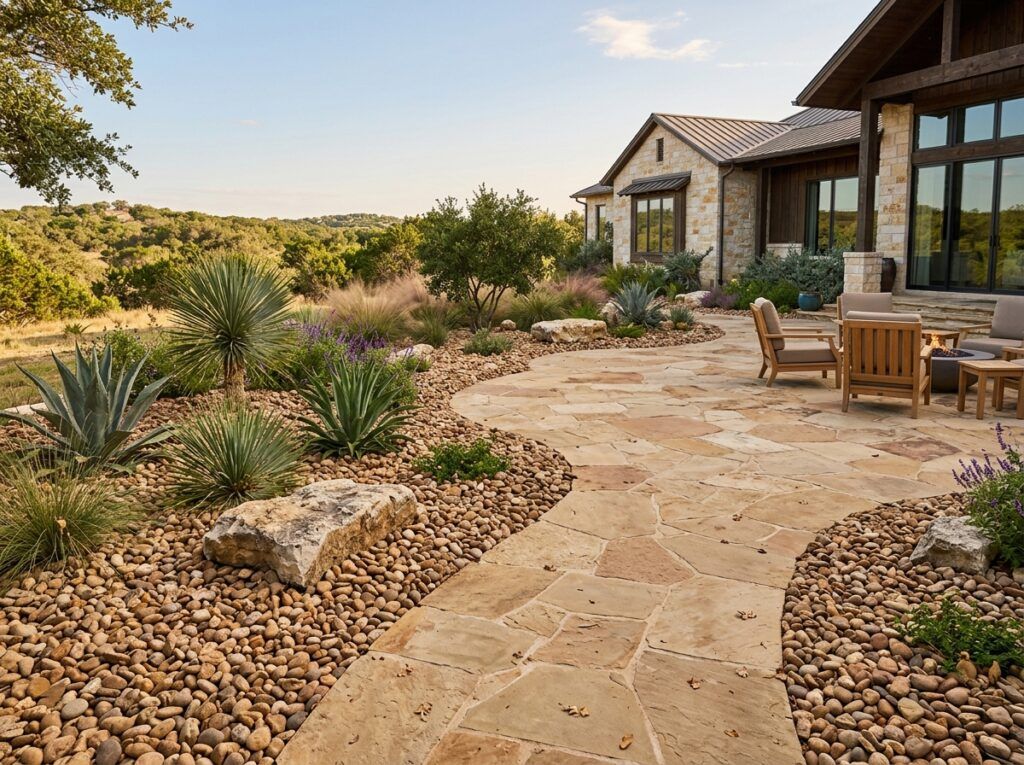 Post Oak River Rock ground cover spread in a landscaped bed, smooth tan and brown stones around plants.