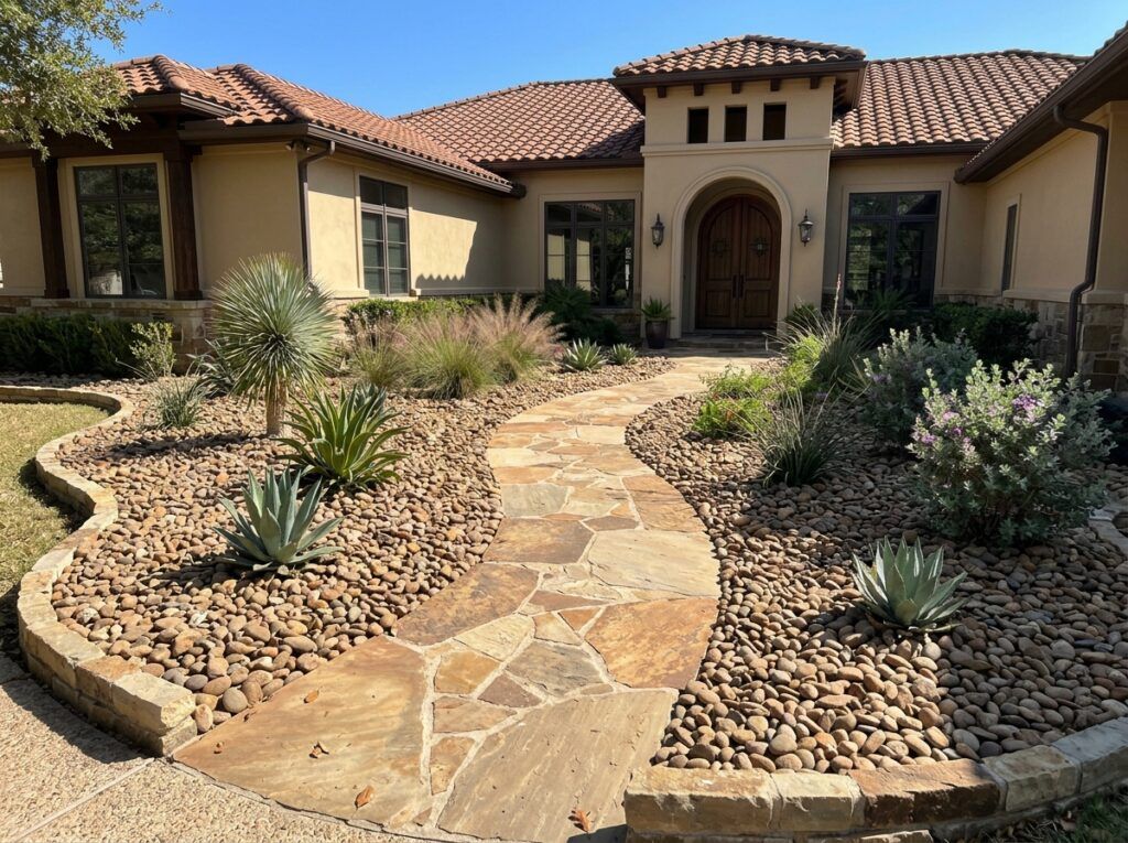 Post Oak River Rock ground cover spread in a landscaping bed, smooth tan and gray stones around plants.