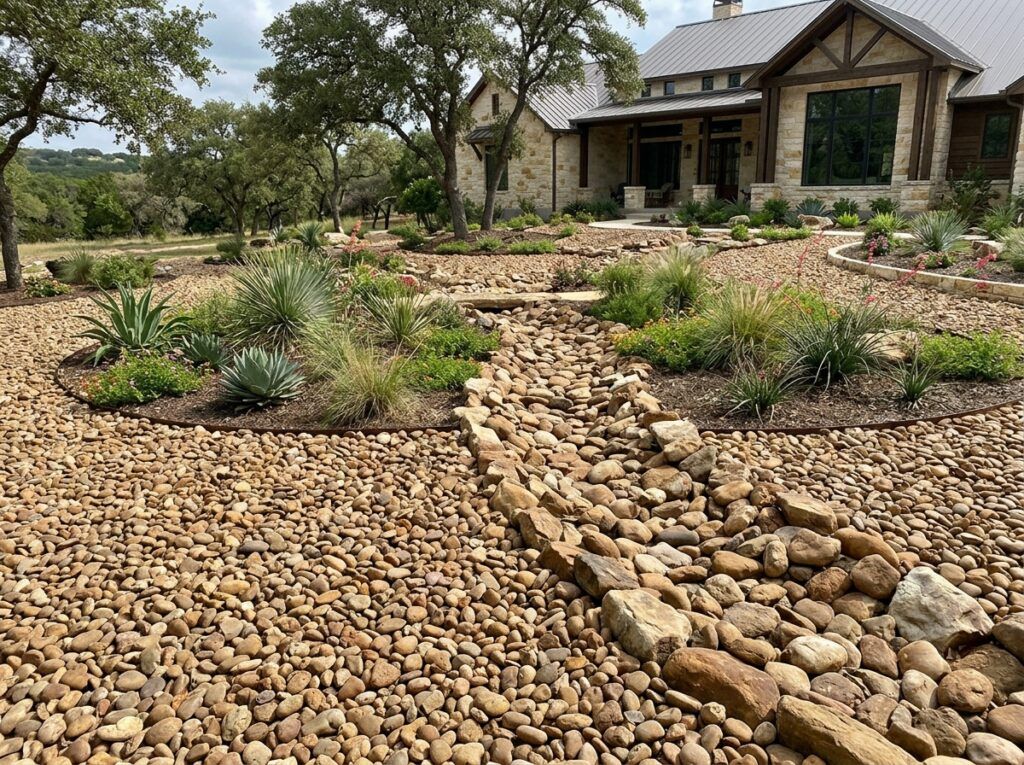 Post Oak River Rock ground cover with smooth tan and gray stones spread around a landscape planting bed.