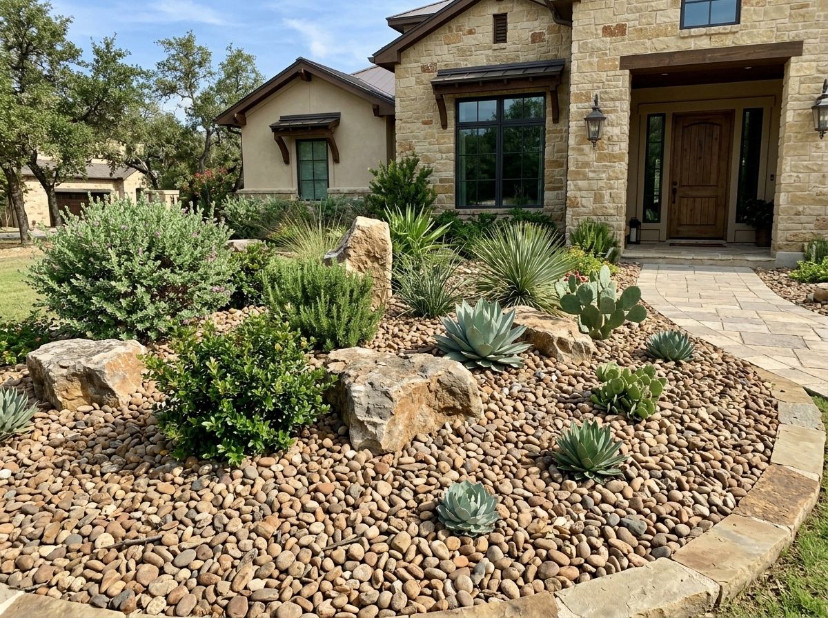 Post Oak River Rock ground cover spread in landscape bed, smooth tan and gray stones around plants.