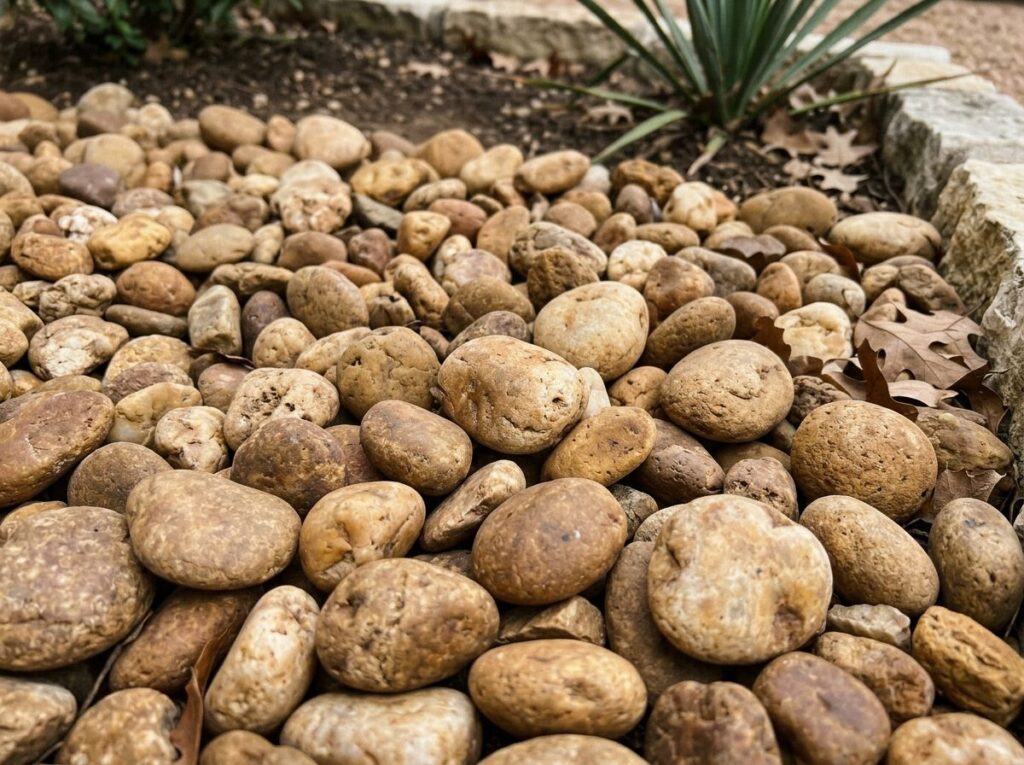 Post Oak River Rock ground cover of smooth tan and gray stones spread in a landscape bed.