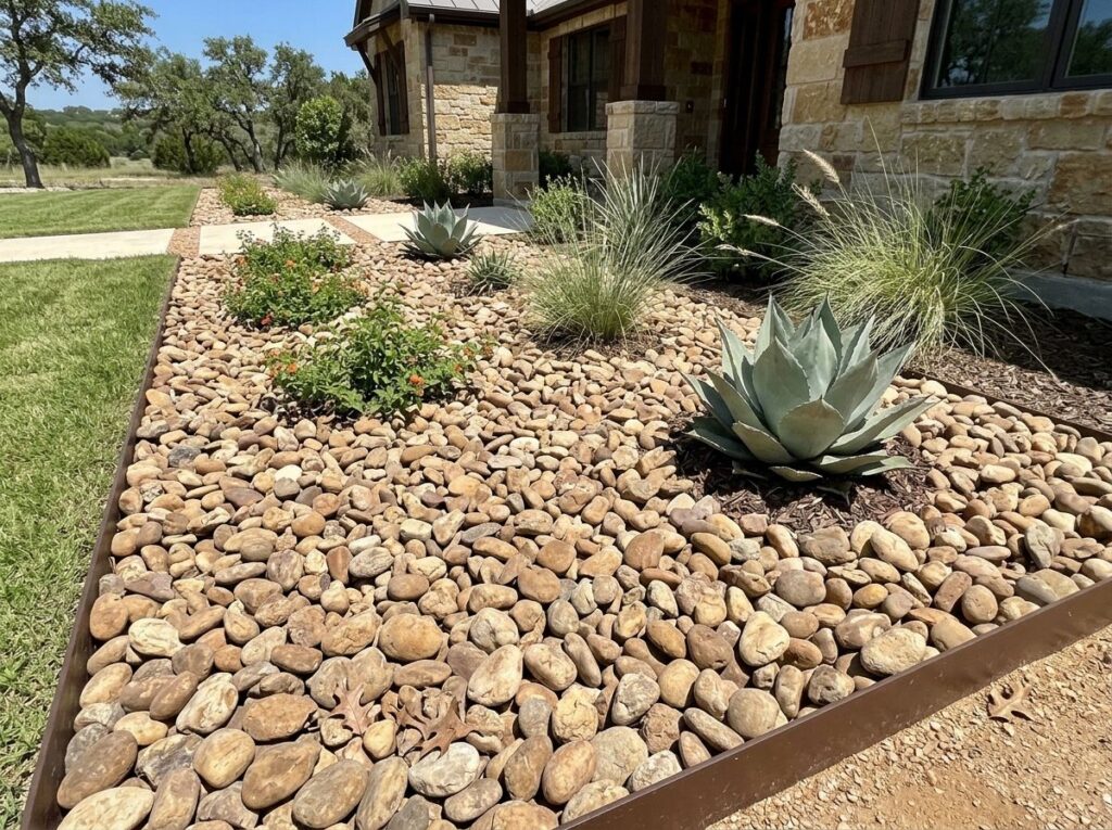 Post Oak River Rock river rock ground cover spread in a landscaping bed with smooth tan and gray stones.