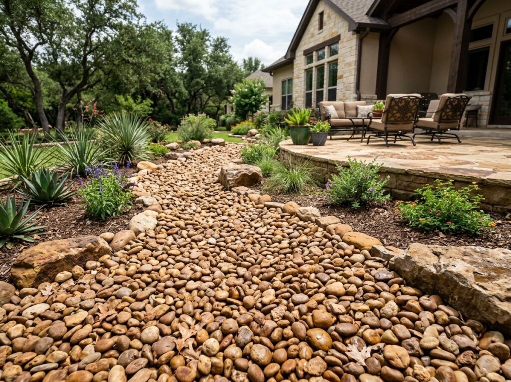 Post Oak River Rock river rock ground cover, smooth tan-gray stones spread evenly over soil.