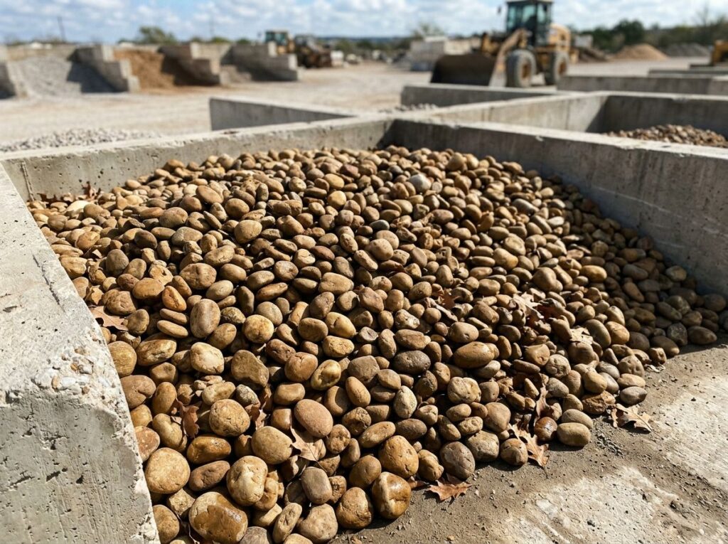 Post Oak River Rock ground cover with smooth tan and gray stones spread in a landscape bed.