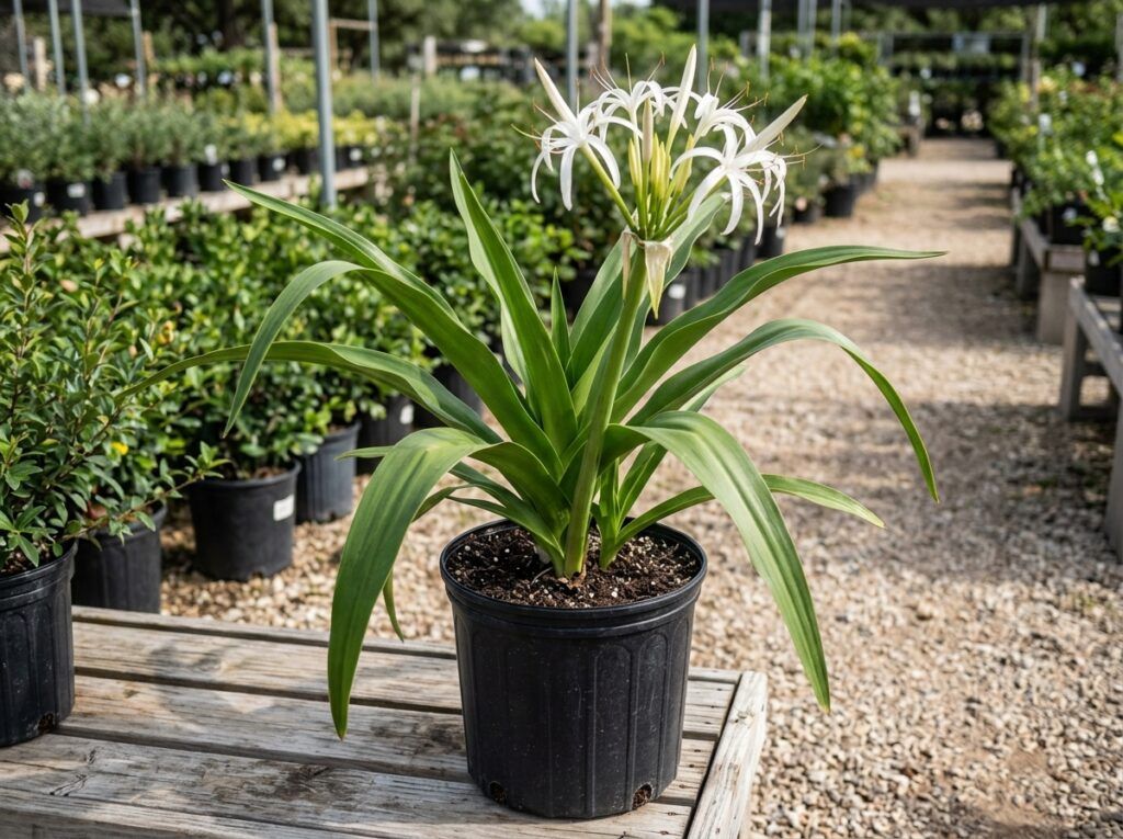 Potted Crinum Lily perennial with long, arching strap-like green leaves on a white background.