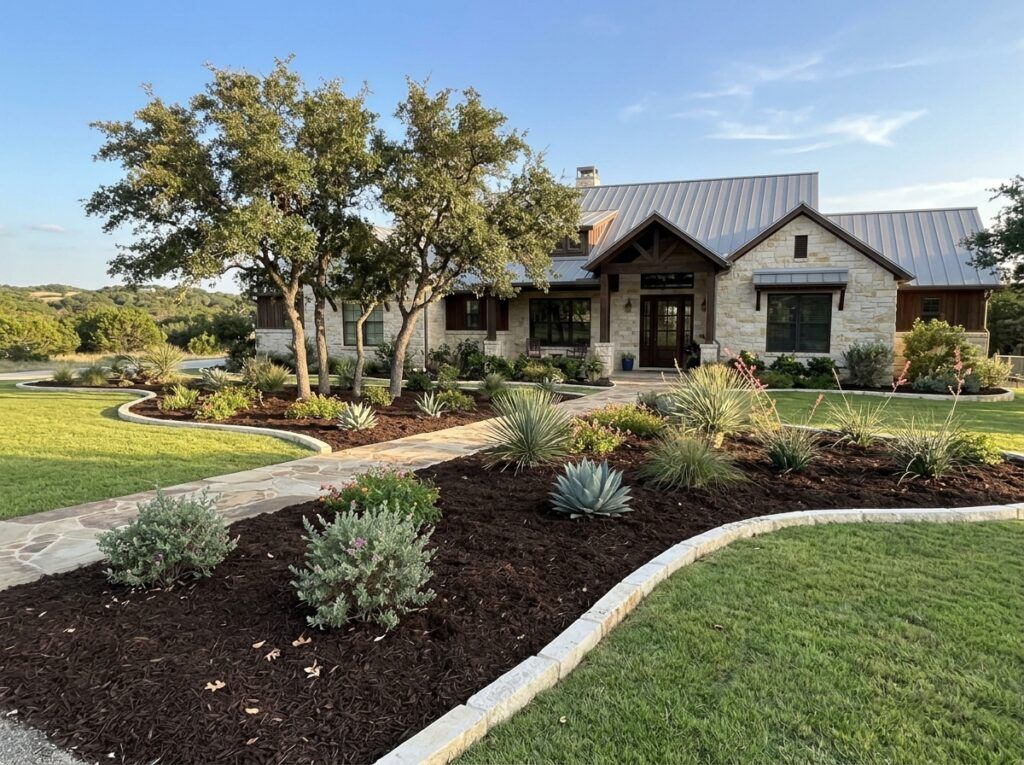 Premium Native Mulch ground cover spread in a thick brown layer around landscape plants and edging.