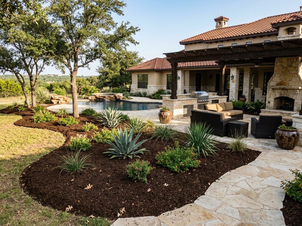 Premium Native Mulch ground cover spread in a neat bed around shrubs, with rich brown shredded texture.
