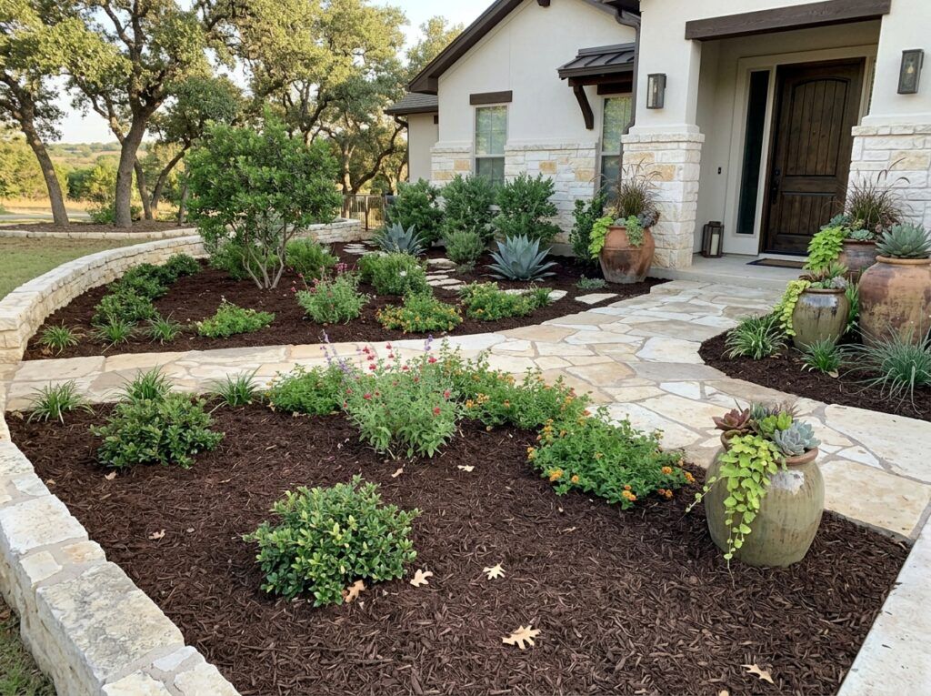 Premium Native Mulch ground cover spread around shrubs in a landscape bed, rich brown shredded texture.