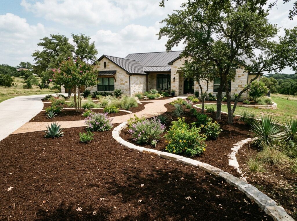 Premium Native Mulch ground cover spread in a thick reddish-brown layer around shrubs and landscape edging.