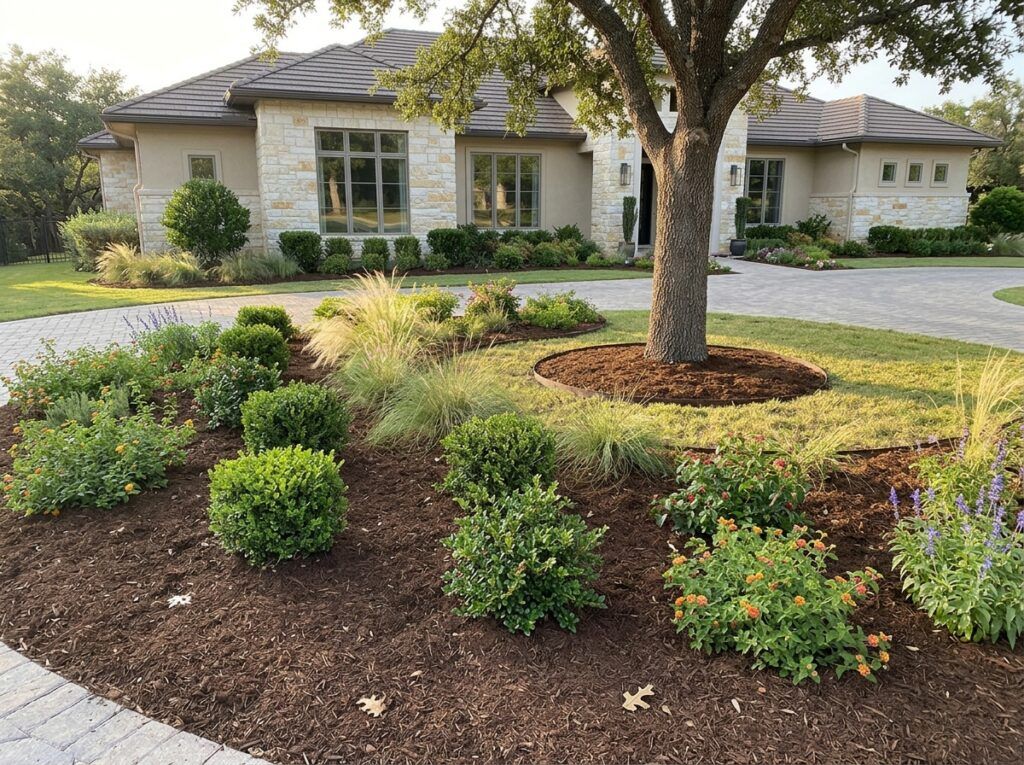 Premium Native Mulch ground cover spread in a thick, rich brown layer around plants in a landscaped bed.