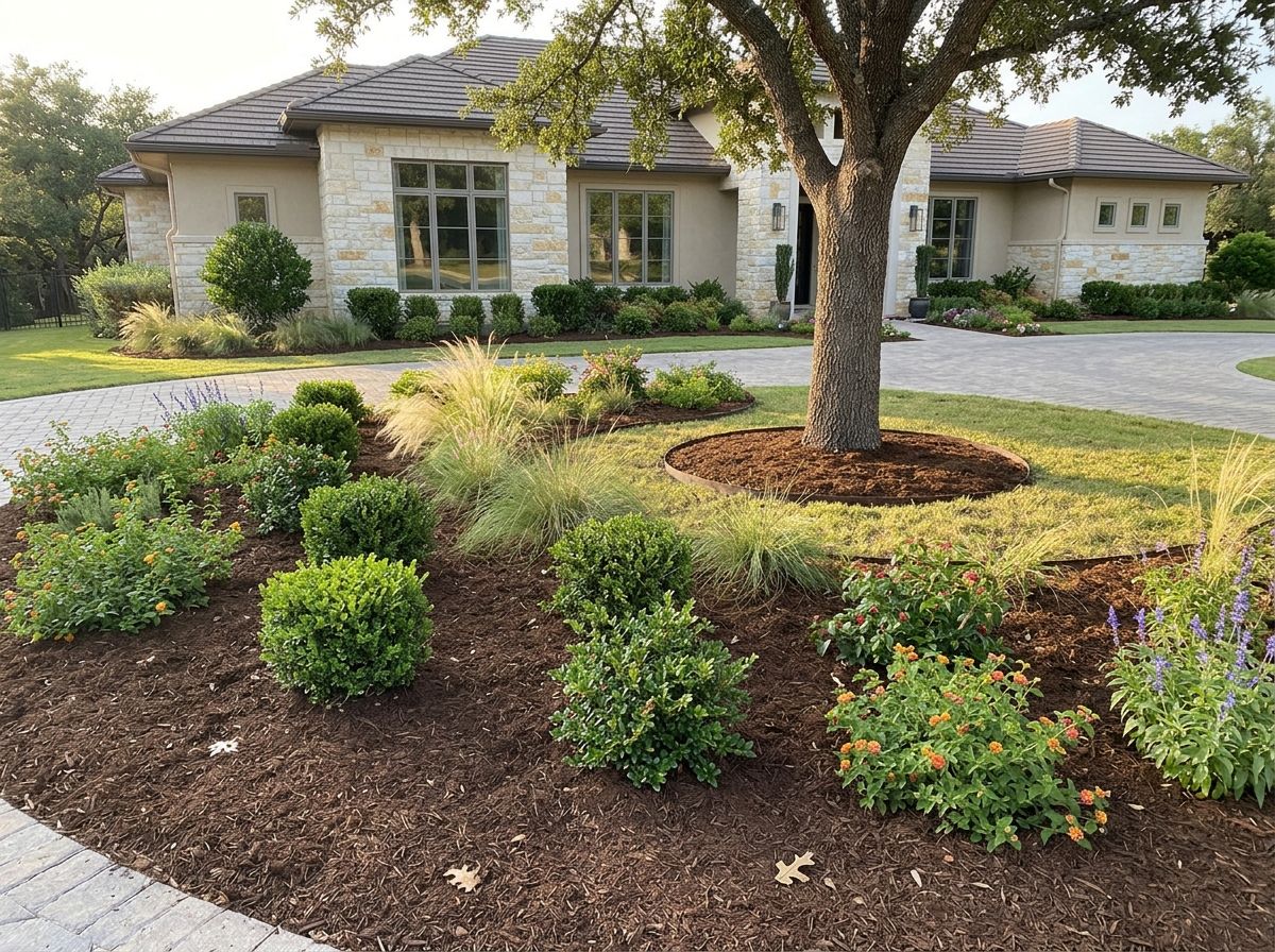 Premium Native Mulch ground cover spread in a thick, rich brown layer around plants in a landscaped bed.