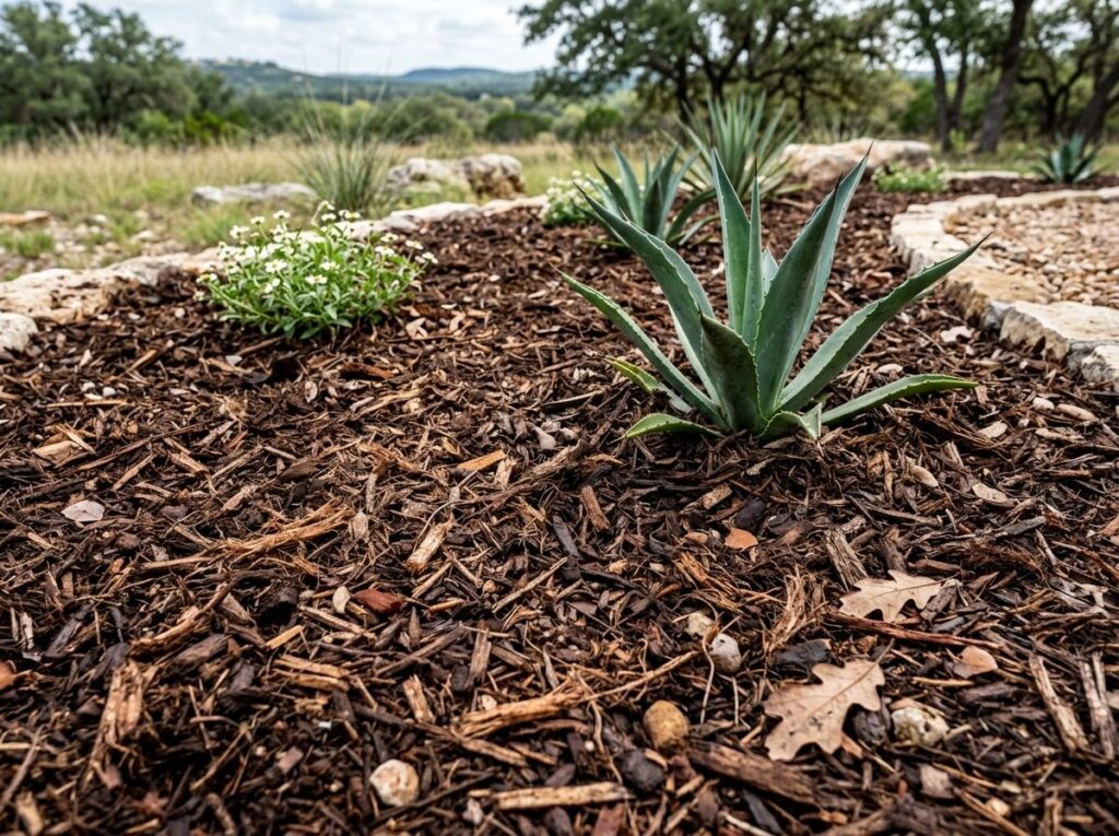 Premium Native Mulch ground cover in rich brown, shredded texture spread over soil around plants.