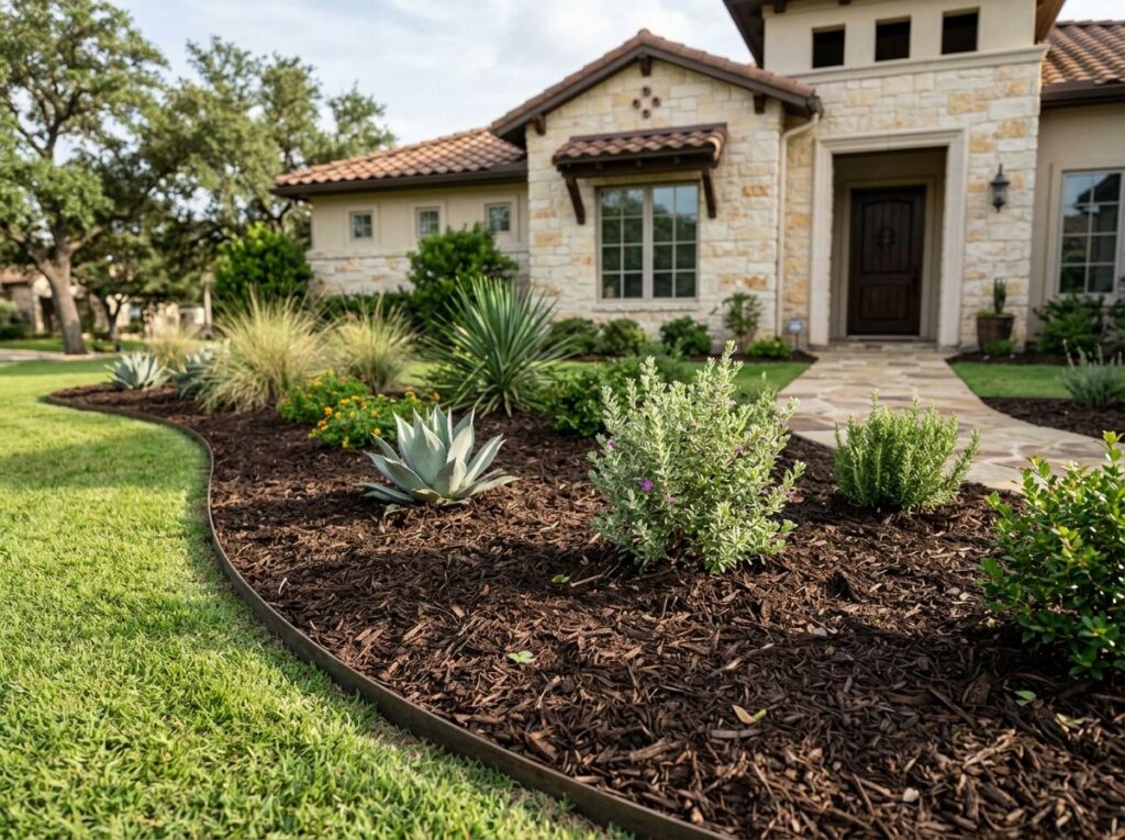 Premium Native Mulch ground cover, rich brown shredded mulch spread in a neat layer around plants.