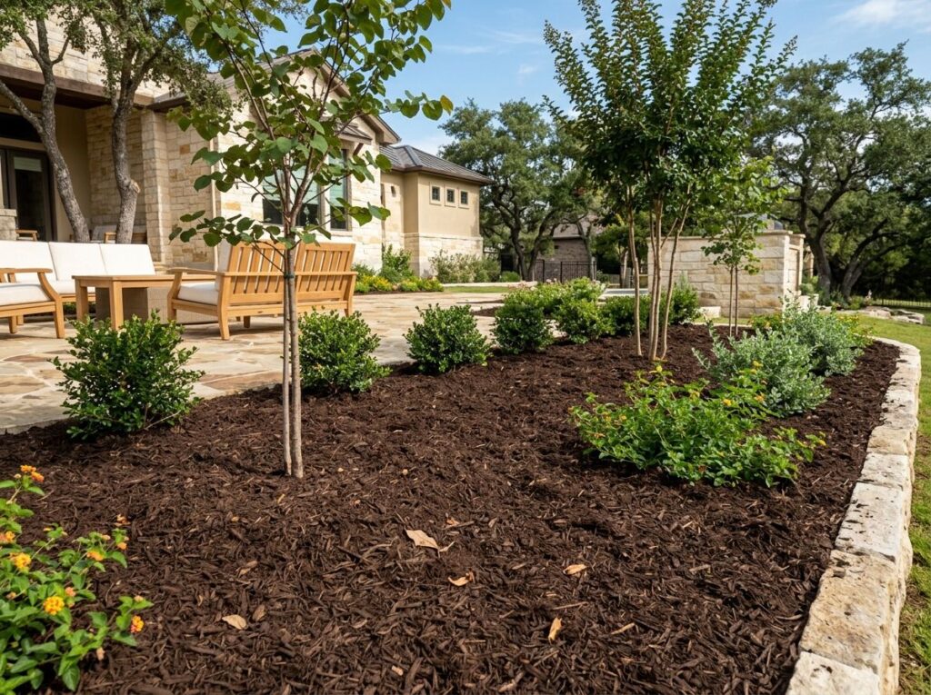 Premium Native Mulch ground cover shown as a rich brown shredded mulch layer spread around landscape plants.