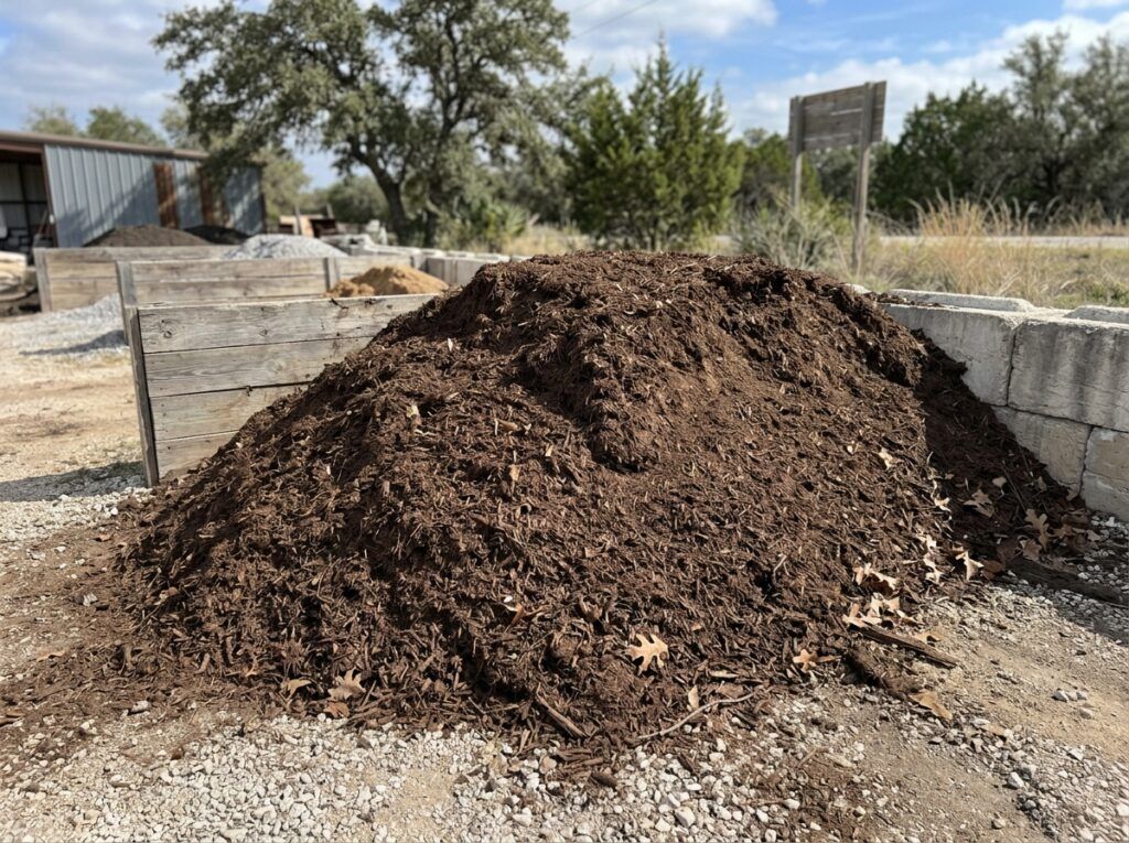Premium Native Mulch ground cover in rich brown shredded pieces spread evenly over soil.
