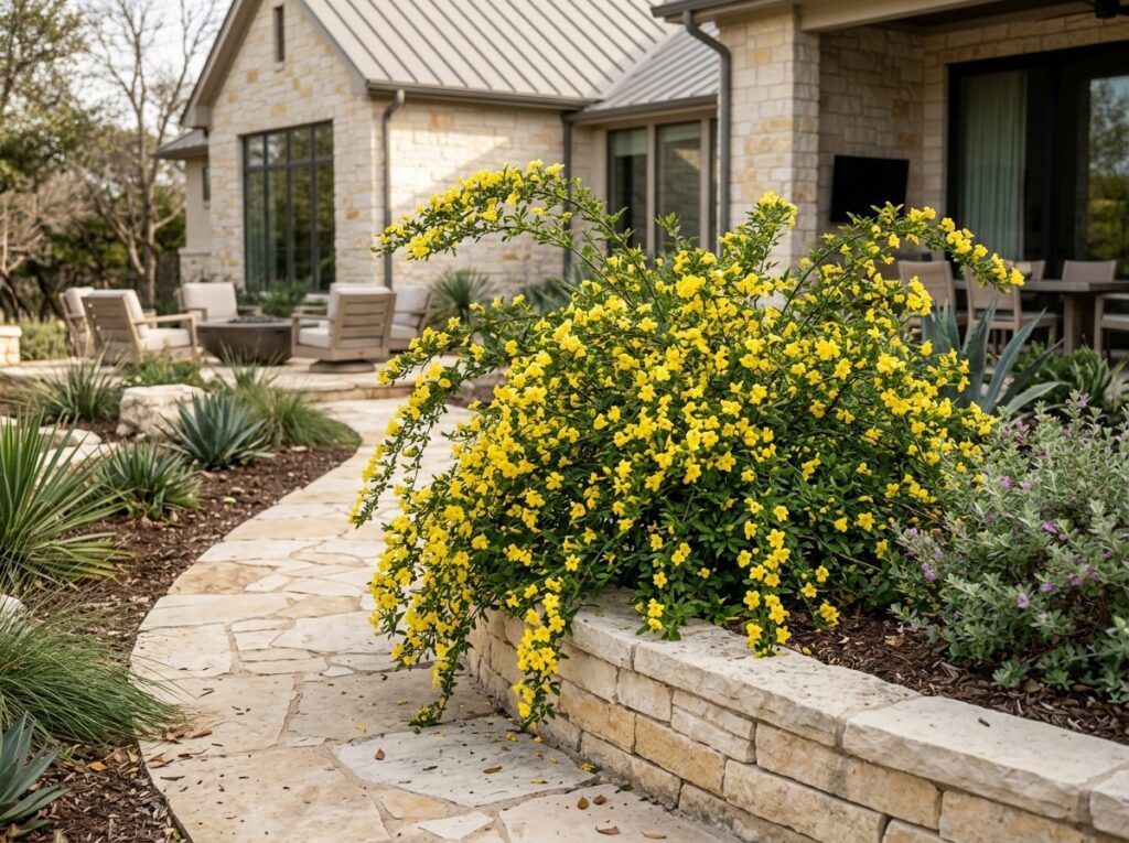 Primrose Jasmine with bright yellow flowers and green foliage growing in a black nursery pot.