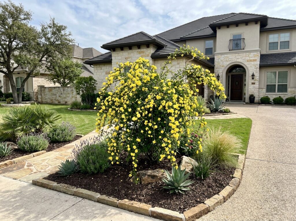 Primrose Jasmine shrub with bright yellow blooms and glossy green foliage in a black nursery pot.