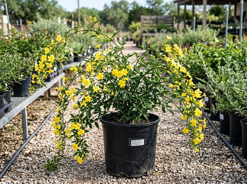 Primrose Jasmine shrub with bright yellow blooms and glossy green foliage in a nursery pot.