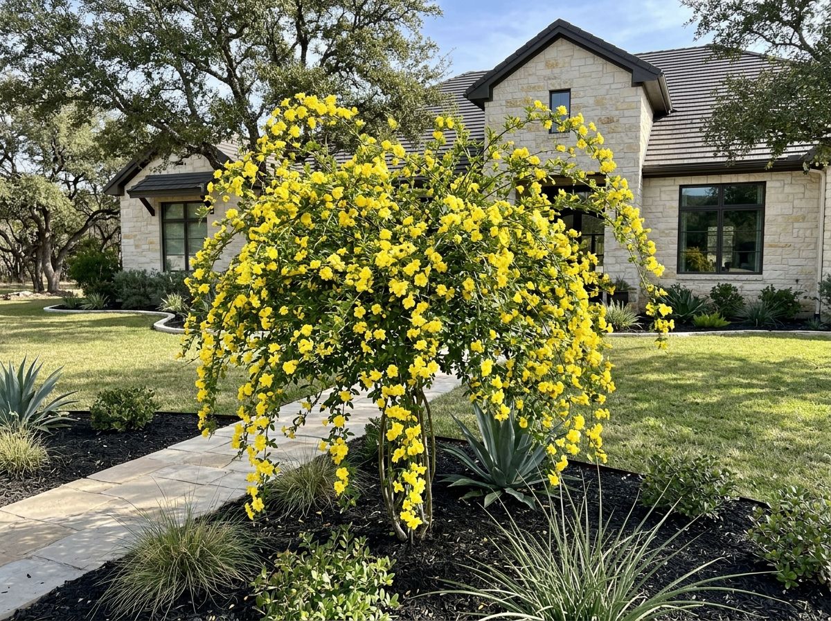Primrose Jasmine shrub with arching green stems covered in bright yellow blooms in a garden planting.