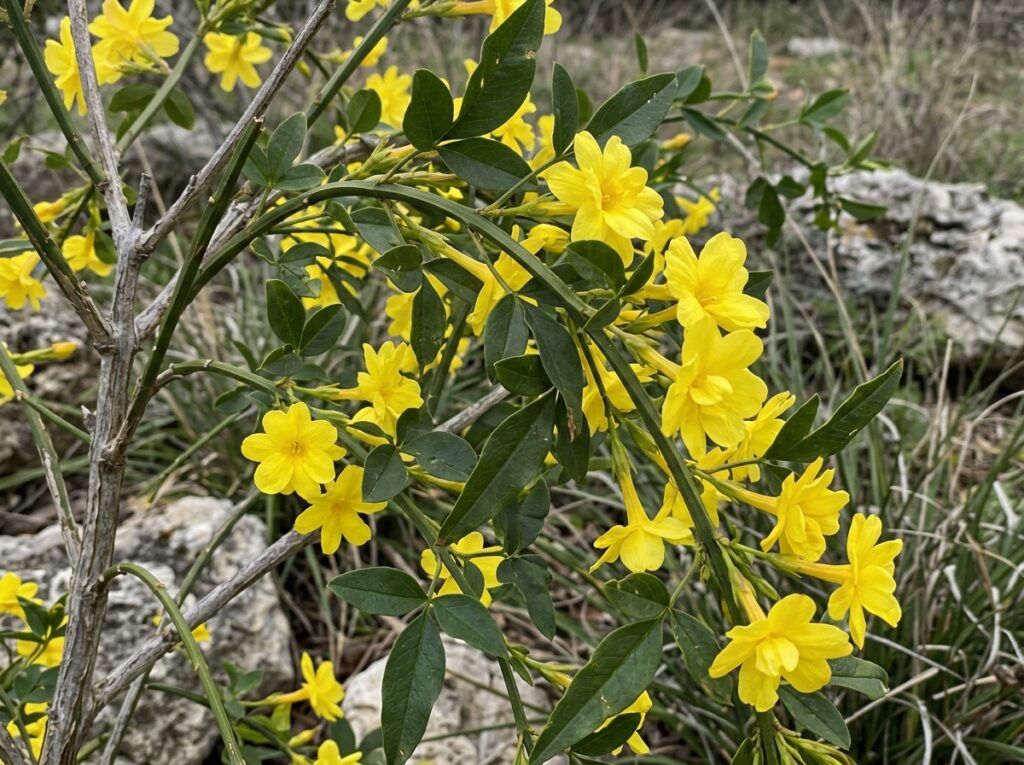 Primrose Jasmine shrub with arching green foliage and bright yellow flowers in a nursery container.