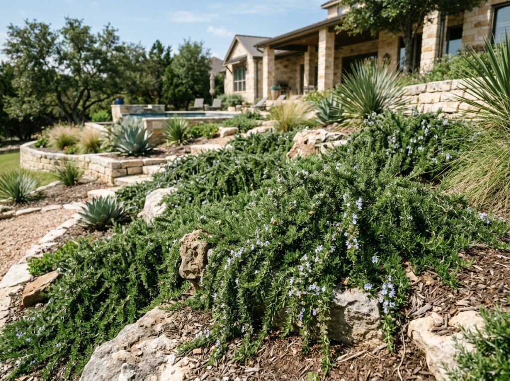 Prostrate Rosemary groundcover with trailing green foliage and small pale purple blooms in a landscape bed.