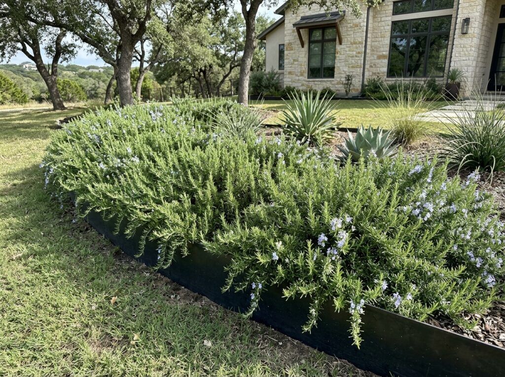 Prostrate Rosemary groundcover with trailing green needle-like foliage spilling over a nursery container.