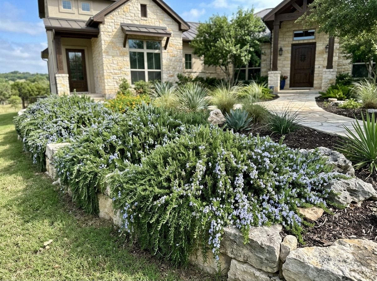 Prostrate Rosemary groundcover with trailing green needle-like foliage cascading over rocks in a garden bed
