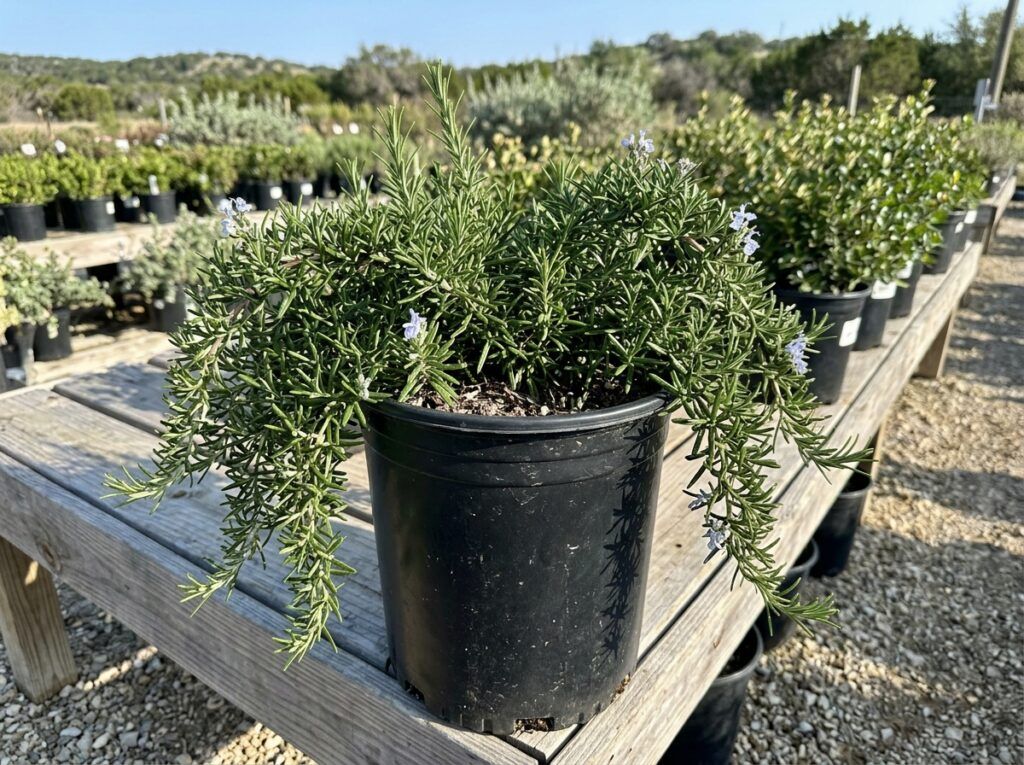 Prostrate Rosemary groundcover with trailing needle-like green foliage in a black nursery pot.