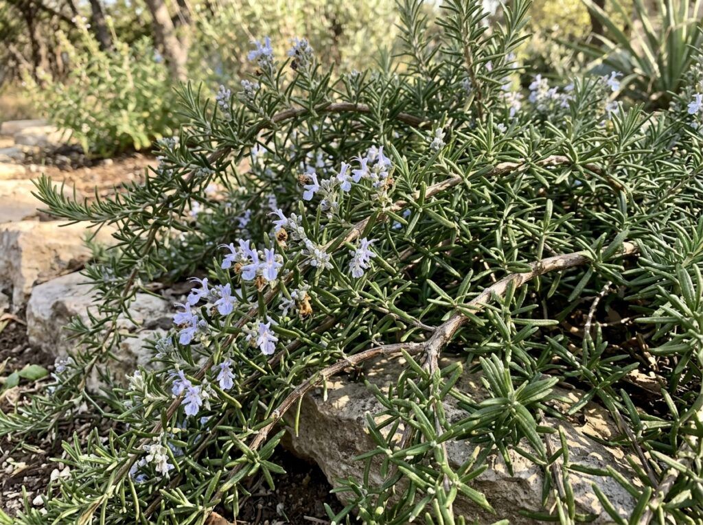 Prostrate Rosemary groundcover with trailing green needle-like foliage in a nursery container.