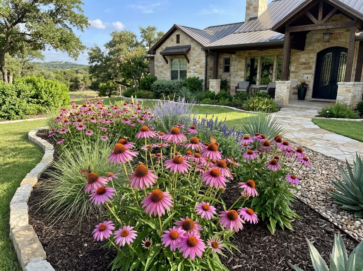 Purple Coneflower perennial with pink-purple daisy-like blooms and orange cones in a garden bed.